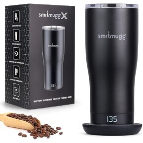 X Heated Coffee Mug 19 oz., 8 Hour Battery Life, Self-Heating, Adjustable Temp Controlled, LCD Screen, One Button Temperature Adjustment, Includes Cover with Magnetic Slider (Black) (Black)