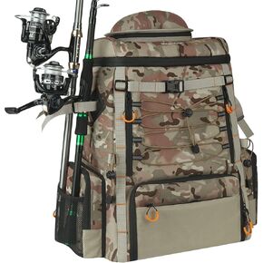Kalkal Fishing Tackle Backpack, 44L Water-Resistant Fishing Backpack with 4 Rod Holder, Camo Fishing Tackle Bag Storage Fishing Gear, Fishing Gifts for Men Father