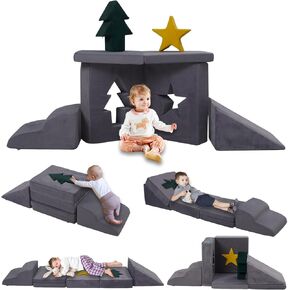 Foam Climbing Blocks for Toddlers,Christmas Theme Infant Soft Play Set with Tree Block & Star Block,Baby Climbing Toys Indoor,Kids Tumble Climbing Mats & Convertible Lounger,Gray