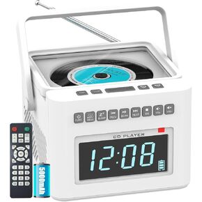 Greadio Rechargeable Boombox CD Player Alarm Clock with 8 White Noise Machine for Sleeping, Bluetooth Clock Radio with cd Player, Remote Control, Support FM Radio/AUX/USB/TF, Large Display, Dimmer