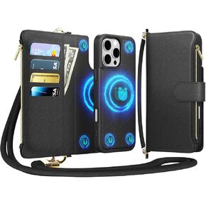 for iPhone 14 Pro Max(6.7 inches) Detachable Wallet Case with Crossbody.Multi-Function 2 in 1 Magnetic Wallet Case with Card Holder.Flip Strap Zipper Phone Case with Shoulder Straps Black