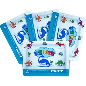 TOURIT Reusable Soft Kids Ice Packs for Lunch Box Lunch Bags and Cooler, BPA Free, Slim and Keep Food Cold Long, Super Cute Ice Packs, Easy to Clean (4 Packs Blue Dinosaurs