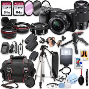 Sony a6400 Mirrorless Camera with16-50mm & 55-210mm Zoom Lenses + 128GB Memory, Spare Battery, Filters,Case, Tripod, Flash, and More (39pc Bundle) (Renewed)