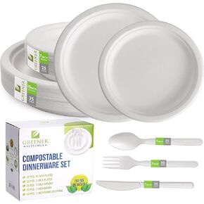 300 Pcs Compostable Dinnerware Set - 10 & 8 Inch Eco-Friendly Sugarcane Plates - Biodegradable & Disposable, 50 White Square Plates, Forks, Knives, Spoons, and Napkins (50 Guests)