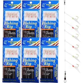 OROOTL Fishing Bait Rigs Saltwater, 6 Packs Surf Fishing Rigs with Sharp Hooks Fish Skin Feather Swivel Snap Glow Saltwater Lures Sea Bass Cod Herring Hook Rig Size 4 6 8