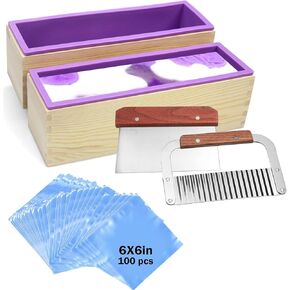 Voulosimi Silicone Soap Mold - Soap Making Cutting Mold Soap Cutter with Wavy Cutter & Straight Slicer and 100 Pcs 6 x 6 inch Shrink Wrap Bags