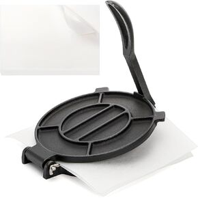Cedilis 8 Inch Cast Iron Tortilla Press with 100pcs Parchment Paper, Roti and Tortilla Maker, Flour Tortilla Press, Pataconera for Tawa or Dosa, Heavy Duty, Even Pressing, Black
