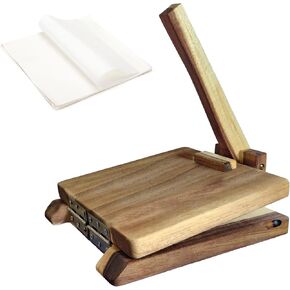 Wooden Tortilla Press with 50pcs Parchment Paper, Large Wood Mexican Tortillera Presser Homemade, Square Flour Tortilla Press for Tortillas Roti Burrito, Tacos, Pataconera, 10 inch