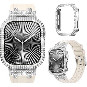 NewWays for Apple Watch Band with Case Women Luxury Designer, Bling 2-Row Diamonds Case Silicone Band with Metal Adapters for Series 4 5 6 7 8 9 10 iwatch Bands