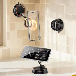 Magnetic Phone Holder with Vacuum Suction Cup for Wall， Reusable Adjustable Phone Mount Compatible with iPhone 16 15 & All Phones,360°Rotating Phone Stand for Glass Window Bathroom Kitchen