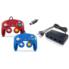FIOTOK Gamecube Controller Adapter Compatible with Nintendo Switch/WII U/PC/Super Smash Bros Switch Controller Adapter with Gamecube Controller (Blue & Red-2Pack)