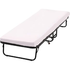 BestMassage Folding Bed with Wheels Portable Rollaway Bed with 3.9-Inch Comfort Foam Mattress, Heavy-Duty Sturdy Frame, L75 xW30 xH12, White