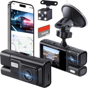 CAM DASH CAM الأمامي والخلفي ، الالكترونيات ، بطاقة 64 جيجا بايت مجانية ، 1080p 3 اندفاعة كاميرا للسيارات ، شاشة IPS كاملة HD 2.0 بوصة مع التحكم في التطبيق ، G -Sensor ، WDR ، تسجيل حلقة ، وضع وقوف السيارات 24 ساعة - أسود - أسود