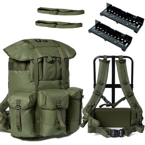 Military ALICE Pack Large Size with 2pcs Support Shelf – Tactical Rucksack with Expandable Straps, Aluminum Quick-Release Buckles, and Enhanced Waist Support – US Logo, Army Green