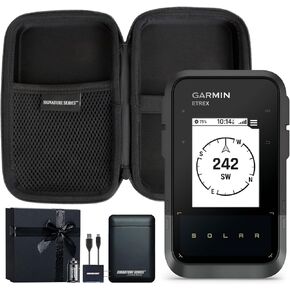 Garmin eTrex Solar Powered GPS Handheld Navigator | Unlimited Solar Charging, Bright Screen, Multi-Band GNSS, Digital Compass, Geochaching, for Hiking | with Signature Series Gift Bundle