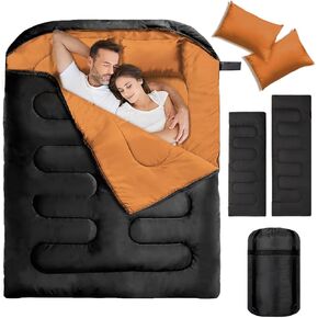 Double Sleeping Bags for Adults, 2 Person Camping Sleeping Bag for Cold Weather & Warm, Queen Size Sleeping Bag with 2 Pillow, Sleep Bag for Camping, Hiking, Backpacking
