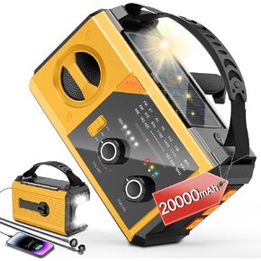 20000mAh Emergency Radio, 74000mWh NOAA Weather Radio, Wireless Hand Crank Solar AM/FM Radio with Fast Charge Rechargeable Solar Battery, Flashlight, SOS Alert, Outdoor Survival Gear Kit（Yellow）
