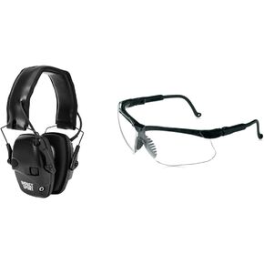 Howard Leight by Honeywell Impact Sport Sound Amplification Artronic Shooting Black Earmuff مع نظارات إطلاق النار الحادة في سفر التكوين ، عدسة واضحة