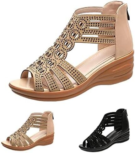 Women's Roman Wedge Hollow Sandals with Zipper Back,Rhinestone Gladiator Open Toe High Heel Dress Sandals Bootie in Kuwait