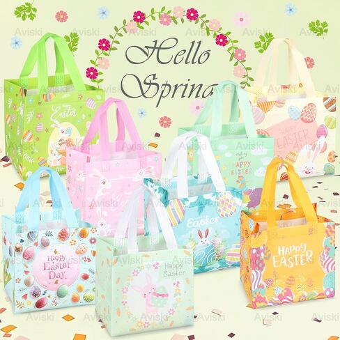 6PCS Happy Easter Egg Hunt Bags Bunny Carrot Chick Metallic Printing Gift with Handles, Treat Bags, Multifunctional Non-Woven for Gifts Wrapping, Party Supplies , 8.3×7.9×5.9inch in Kuwait