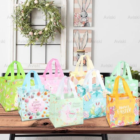 6PCS Happy Easter Egg Hunt Bags Bunny Carrot Chick Metallic Printing Gift with Handles, Treat Bags, Multifunctional Non-Woven for Gifts Wrapping, Party Supplies , 8.3×7.9×5.9inch in Kuwait