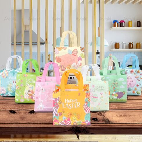 6PCS Happy Easter Egg Hunt Bags Bunny Carrot Chick Metallic Printing Gift with Handles, Treat Bags, Multifunctional Non-Woven for Gifts Wrapping, Party Supplies , 8.3×7.9×5.9inch in Kuwait