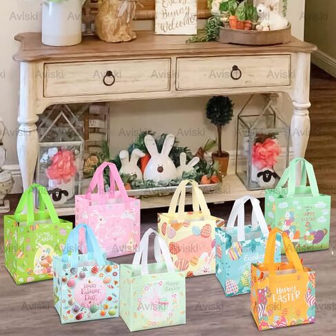6PCS Happy Easter Egg Hunt Bags Bunny Carrot Chick Metallic Printing Gift with Handles, Treat Bags, Multifunctional Non-Woven for Gifts Wrapping, Party Supplies , 8.3×7.9×5.9inch in Kuwait