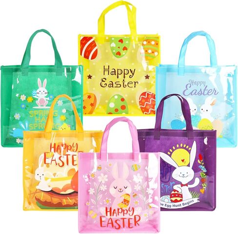6PCS Happy Easter Egg Hunt Bags Bunny Carrot Chick Metallic Printing Gift with Handles, Treat Bags, Multifunctional Non-Woven for Gifts Wrapping, Party Supplies , 8.3×7.9×5.9inch in Kuwait