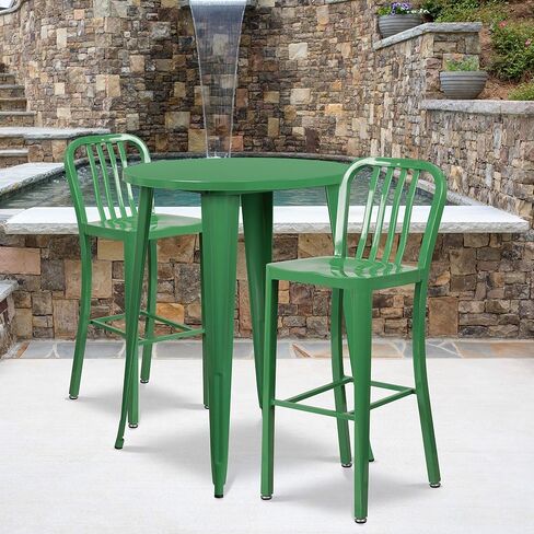 Flash Furniture Commercial Grade 30" Round Black Metal Indoor-Outdoor Bar Table Set with 2 Vertical Slat Back Stools in Kuwait