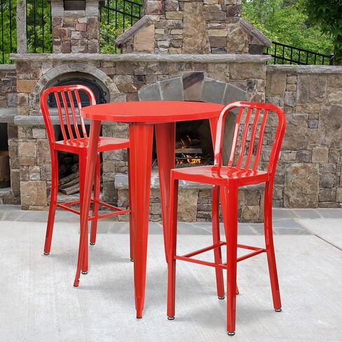 Flash Furniture Commercial Grade 30" Round Black Metal Indoor-Outdoor Bar Table Set with 2 Vertical Slat Back Stools in Kuwait