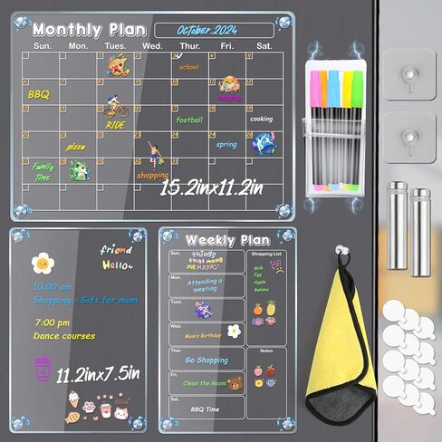 MIKEDE Magnetic Calendar for Refrigerator, 4 Pack Fridge Calendar Dry Erase Board Set, Monthly Weekly Magnetic Whiteboard Acrylic Calendar, 6 Colorful Markers, Magnetic Pen Holder and Erase Towel in Saudi Arabia