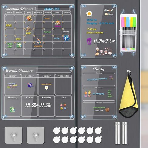MIKEDE Magnetic Calendar for Refrigerator, 4 Pack Fridge Calendar Dry Erase Board Set, Monthly Weekly Magnetic Whiteboard Acrylic Calendar, 6 Colorful Markers, Magnetic Pen Holder and Erase Towel in Saudi Arabia