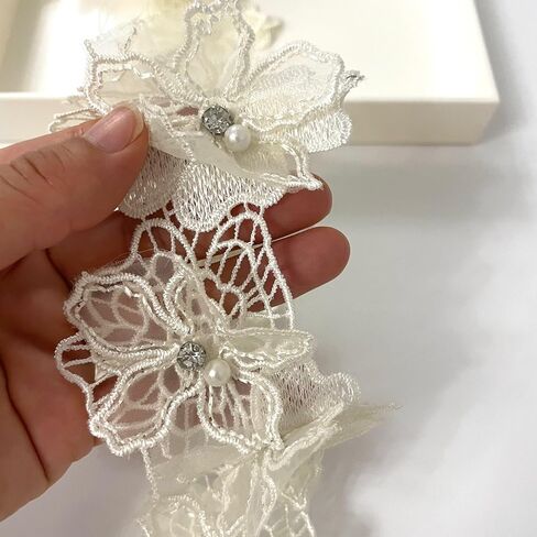 2 Yards 3D Pearl Beads Flower Lace Trim Ribbon Floral Applique Embroidered Lace Fabric for Sewing DIY Crafts (Pink) in Saudi Arabia