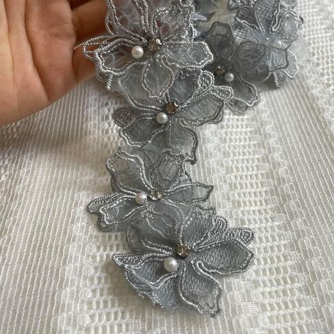 2 Yards 3D Pearl Beads Flower Lace Trim Ribbon Floral Applique Embroidered Lace Fabric for Sewing DIY Crafts (Pink) in Saudi Arabia