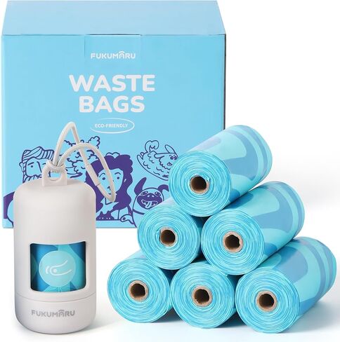 FUKUMARU Biodegradable Poop Bags, Compostable Set for Dogs, Cats & Multi-pet Use, Dog Poop Bag Holder & Dispenser with Leash Attachment - 120 Running Pattern Bags, Blue Holder in Saudi Arabia