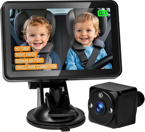One-Wire Connection Baby Car Camera, HD 1080P Baby Car Mirror, Night Vision Car Seat Camera, Rear Facing Backseat Monitor with Screen for Parents, USB Powered, Rechargeable 5000mAh Battery in Saudi Arabia