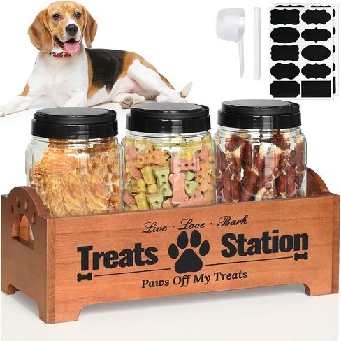 Dog Treat Container Dog Food Container for Dog Food Storage, Farmhouse Cat Food Container Pet Food Storage Organizer, Wood Dog Treat Holder with 3 Plastic Cat Dog Treat Jars, Black Cat Treat Container in Saudi Arabia