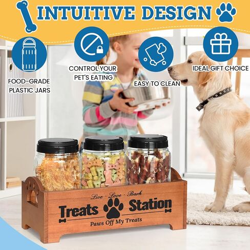 Dog Treat Container Dog Food Container for Dog Food Storage, Farmhouse Cat Food Container Pet Food Storage Organizer, Wood Dog Treat Holder with 3 Plastic Cat Dog Treat Jars, Black Cat Treat Container in Saudi Arabia