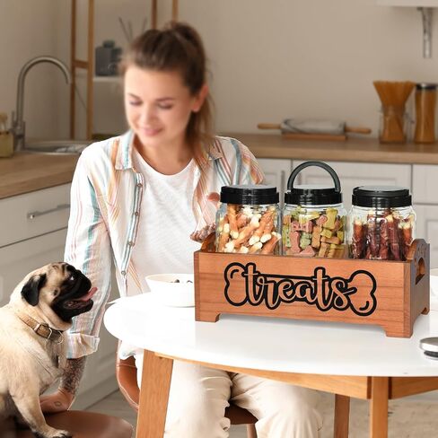 Dog Treat Container Dog Food Container for Dog Food Storage, Farmhouse Cat Food Container Pet Food Storage Organizer, Wood Dog Treat Holder with 3 Plastic Cat Dog Treat Jars, Black Cat Treat Container in Saudi Arabia