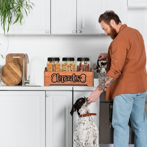 Dog Treat Container Dog Food Container for Dog Food Storage, Farmhouse Cat Food Container Pet Food Storage Organizer, Wood Dog Treat Holder with 3 Plastic Cat Dog Treat Jars, Black Cat Treat Container in Saudi Arabia