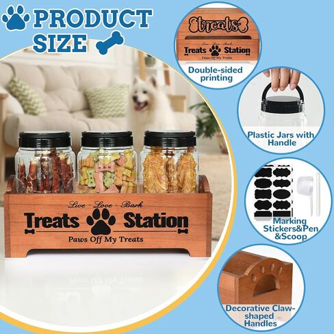 Dog Treat Container Dog Food Container for Dog Food Storage, Farmhouse Cat Food Container Pet Food Storage Organizer, Wood Dog Treat Holder with 3 Plastic Cat Dog Treat Jars, Black Cat Treat Container in Saudi Arabia
