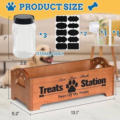 Dog Treat Container Dog Food Container for Dog Food Storage, Farmhouse Cat Food Container Pet Food Storage Organizer, Wood Dog Treat Holder with 3 Plastic Cat Dog Treat Jars, Black Cat Treat Container in Saudi Arabia