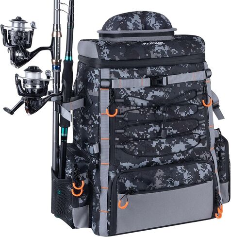 Kalkal Fishing Tackle Backpack, 44L Water-Resistant Fishing Backpack with 4 Rod Holder, Camo Fishing Tackle Bag Storage Fishing Gear, Fishing Gifts for Men Father in Kuwait