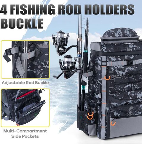 Kalkal Fishing Tackle Backpack, 44L Water-Resistant Fishing Backpack with 4 Rod Holder, Camo Fishing Tackle Bag Storage Fishing Gear, Fishing Gifts for Men Father in Kuwait