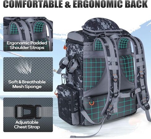 Kalkal Fishing Tackle Backpack, 44L Water-Resistant Fishing Backpack with 4 Rod Holder, Camo Fishing Tackle Bag Storage Fishing Gear, Fishing Gifts for Men Father in Kuwait