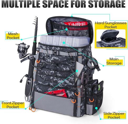 Kalkal Fishing Tackle Backpack, 44L Water-Resistant Fishing Backpack with 4 Rod Holder, Camo Fishing Tackle Bag Storage Fishing Gear, Fishing Gifts for Men Father in Kuwait