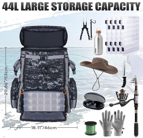Kalkal Fishing Tackle Backpack, 44L Water-Resistant Fishing Backpack with 4 Rod Holder, Camo Fishing Tackle Bag Storage Fishing Gear, Fishing Gifts for Men Father in Kuwait
