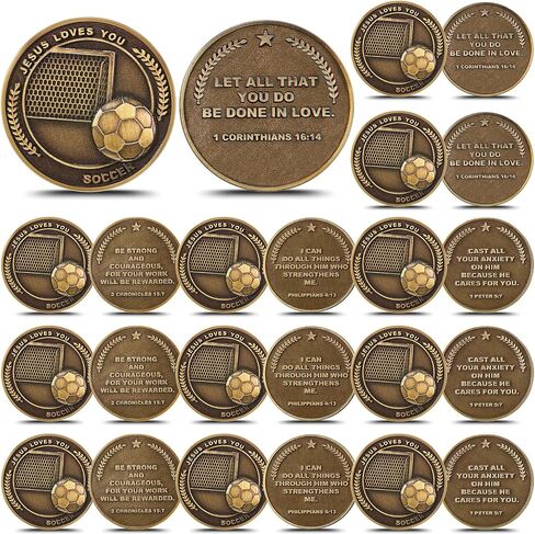 24 Pcs Bulk Christian Sports Coin Gift for Athletes 1.25" Religious Bible Verse Sports Coin Antique Gold Plated Jesus Loves You Gift for Team Players(Soccer) in Kuwait
