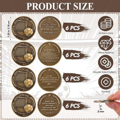 24 Pcs Bulk Christian Sports Coin Gift for Athletes 1.25" Religious Bible Verse Sports Coin Antique Gold Plated Jesus Loves You Gift for Team Players(Soccer) in Kuwait