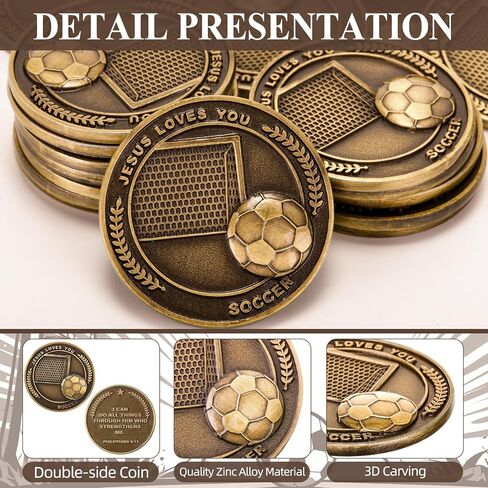 24 Pcs Bulk Christian Sports Coin Gift for Athletes 1.25" Religious Bible Verse Sports Coin Antique Gold Plated Jesus Loves You Gift for Team Players(Soccer) in Kuwait